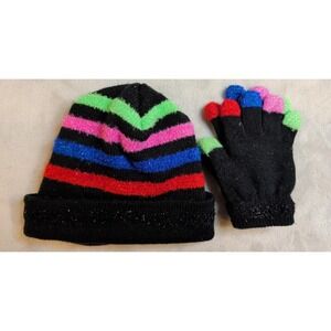 Vintage‎ Neon Beanie Hat & Gloves Set Black Stripe 90s Winter Kids